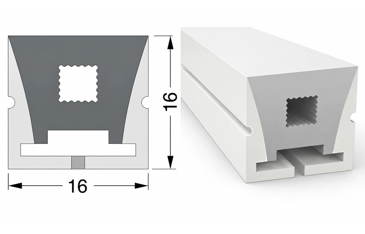 Catalogue-based enhanced illustration of AlisterTech 16 x 16 mm silicone profile, showing source outer dimensions