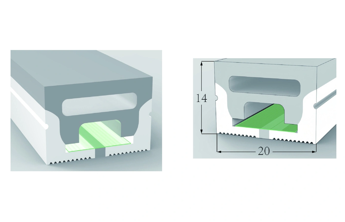 AlisterTech 20 x 14 mm silicone profile with original product view and dimensioned source illustration