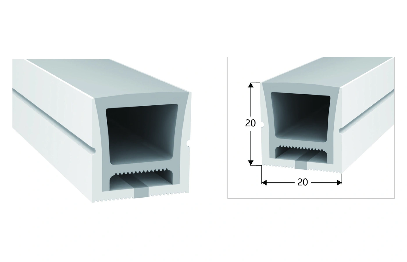 AlisterTech 20 x 20 mm silicone profile with original product view and dimensioned source illustration