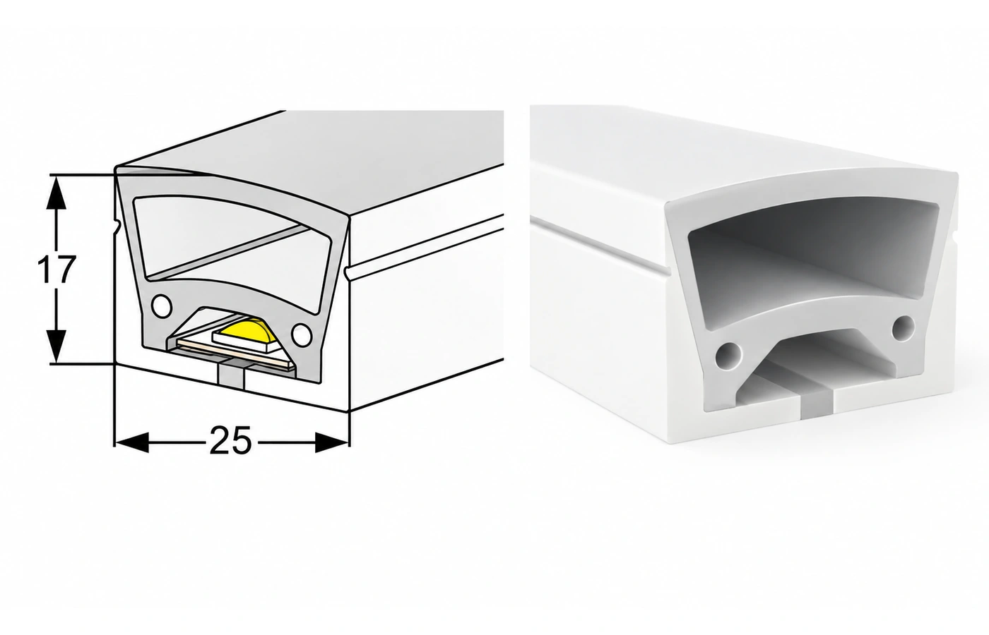 Catalogue-based enhanced illustration of AlisterTech 25 x 17 mm silicone profile, showing source outer dimensions