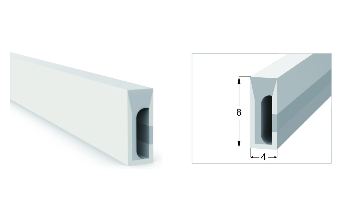 AlisterTech 4 x 8 mm silicone profile with original product view and dimensioned source illustration