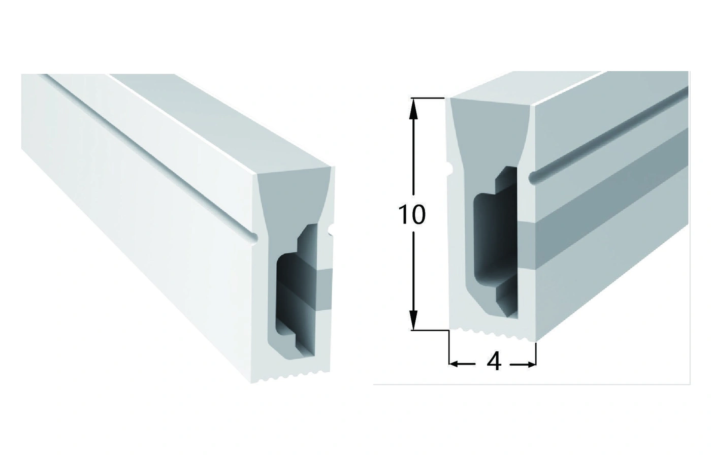 AlisterTech 4 x 10 mm silicone profile with original product view and dimensioned source illustration