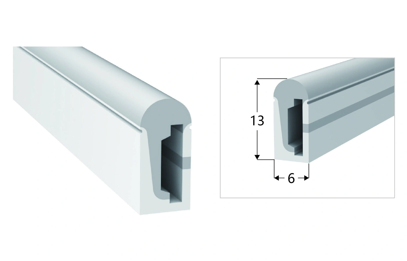 AlisterTech 6 x 13 mm silicone profile with original product view and dimensioned source illustration