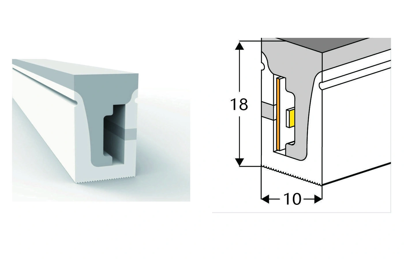 AlisterTech 10 x 18 mm silicone profile with original product view and dimensioned source illustration
