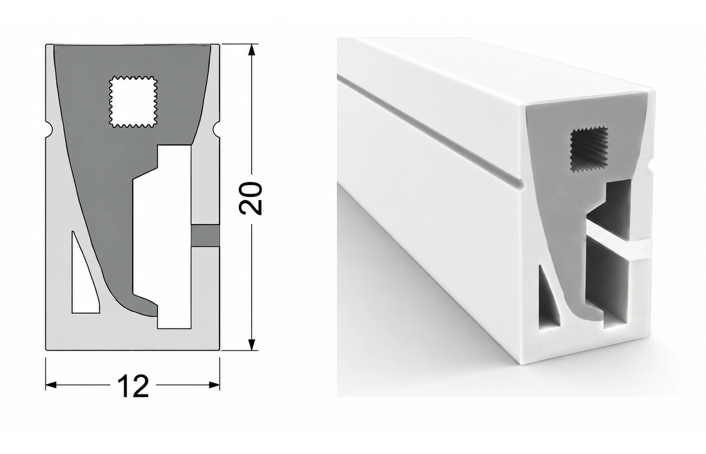 Catalogue-based enhanced illustration of AlisterTech 12 x 20 mm silicone profile, showing source outer dimensions
