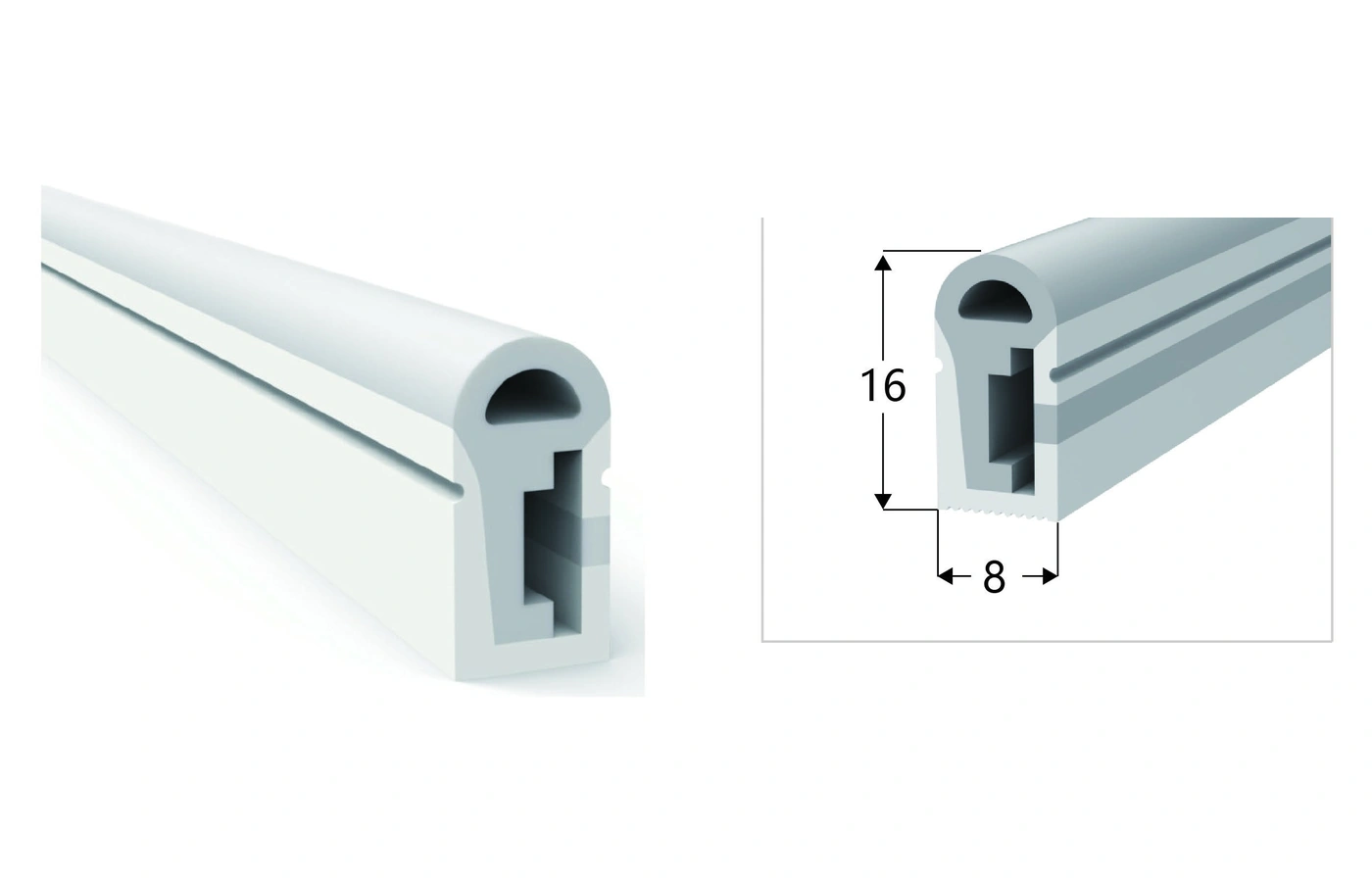 AlisterTech 8 x 16 mm silicone profile with original product view and dimensioned source illustration