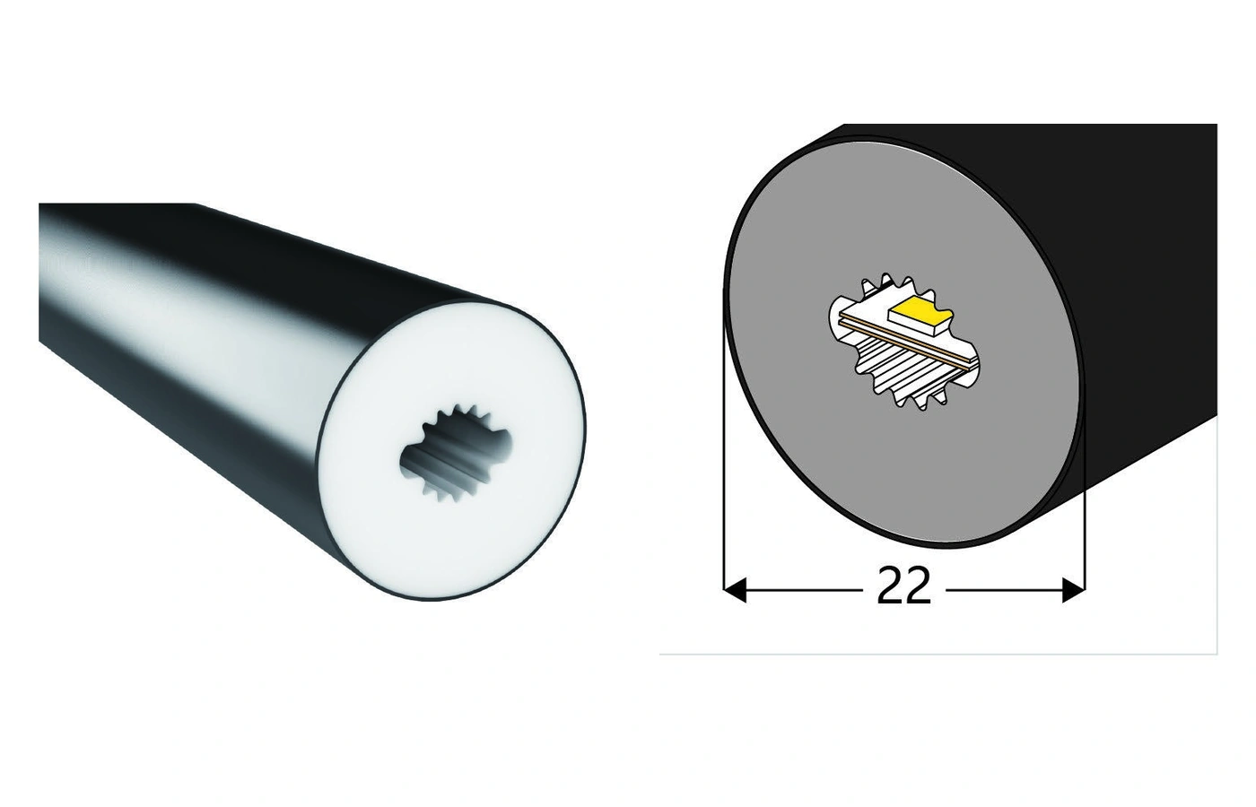 AlisterTech diameter 22 mm silicone profile with original product view and dimensioned source illustration