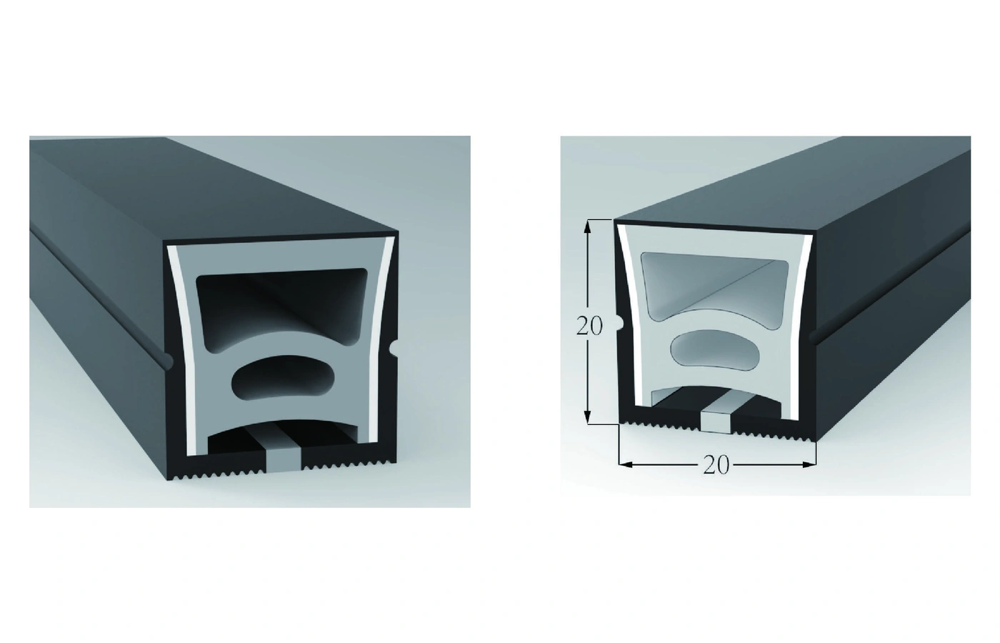 AlisterTech 20 x 20 mm silicone profile with original product view and dimensioned source illustration
