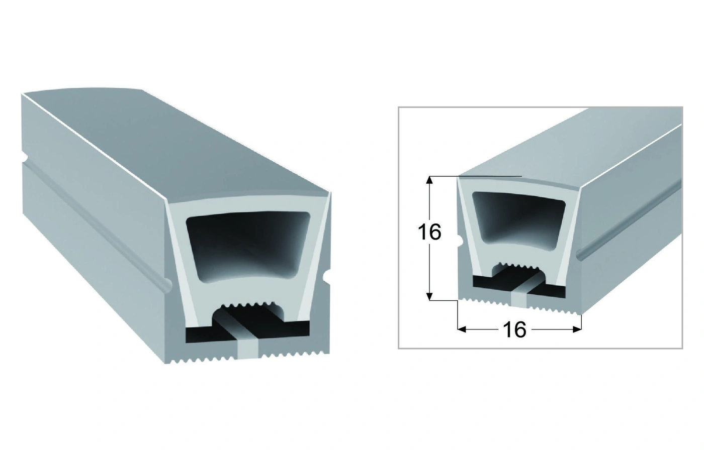 AlisterTech 16 x 16 mm silicone profile with original product view and dimensioned source illustration