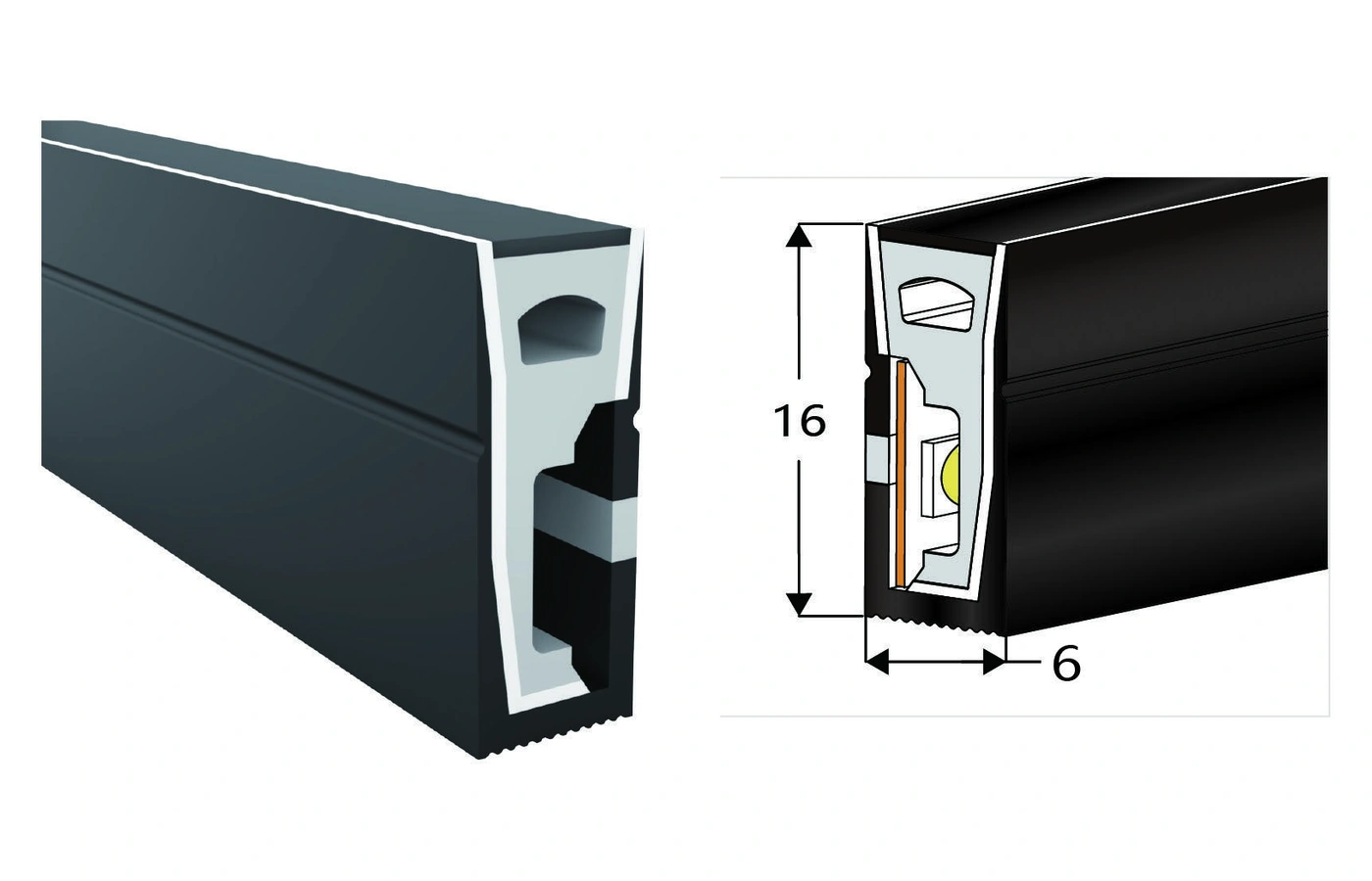 AlisterTech 6 x 16 mm silicone profile with original product view and dimensioned source illustration