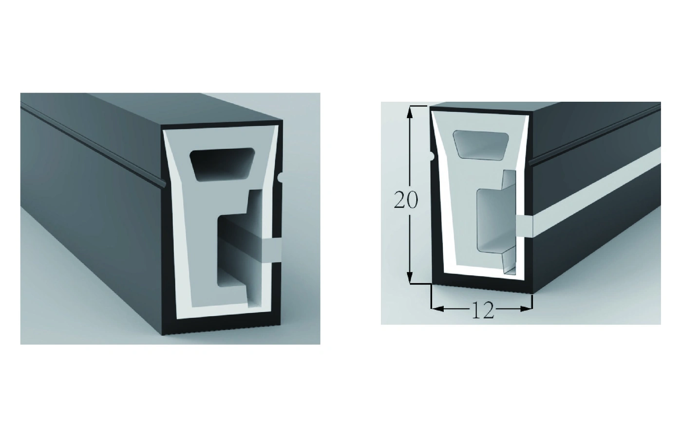 AlisterTech 12 x 20 mm silicone profile with original product view and dimensioned source illustration