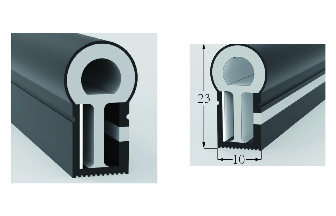 AlisterTech 10 x 23 mm silicone profile with original product view and dimensioned source illustration
