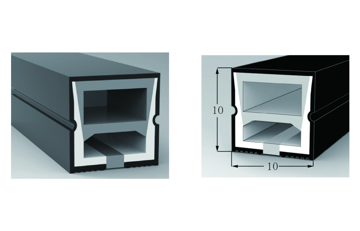 AlisterTech 10 x 10 mm silicone profile with original product view and dimensioned source illustration