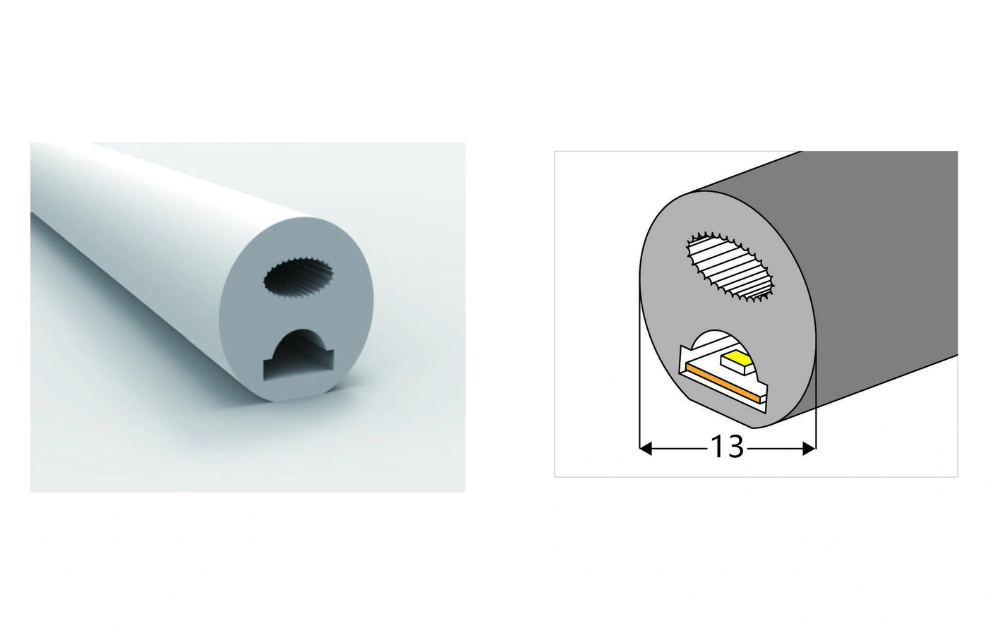 AlisterTech 13 mm semi-round silicone profile with original product view and dimensioned source illustration