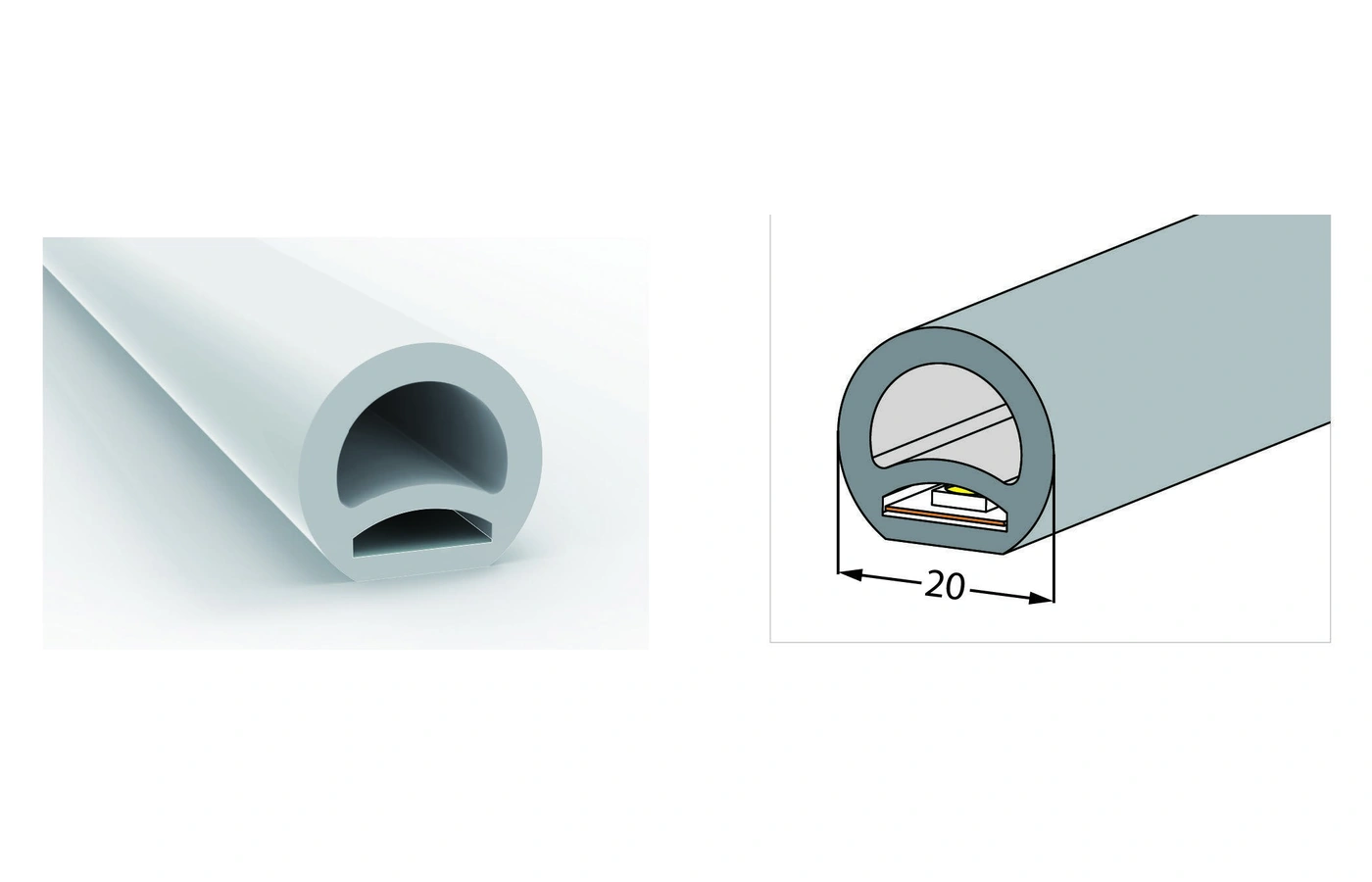 AlisterTech 20 mm semi-round silicone profile with original product view and dimensioned source illustration