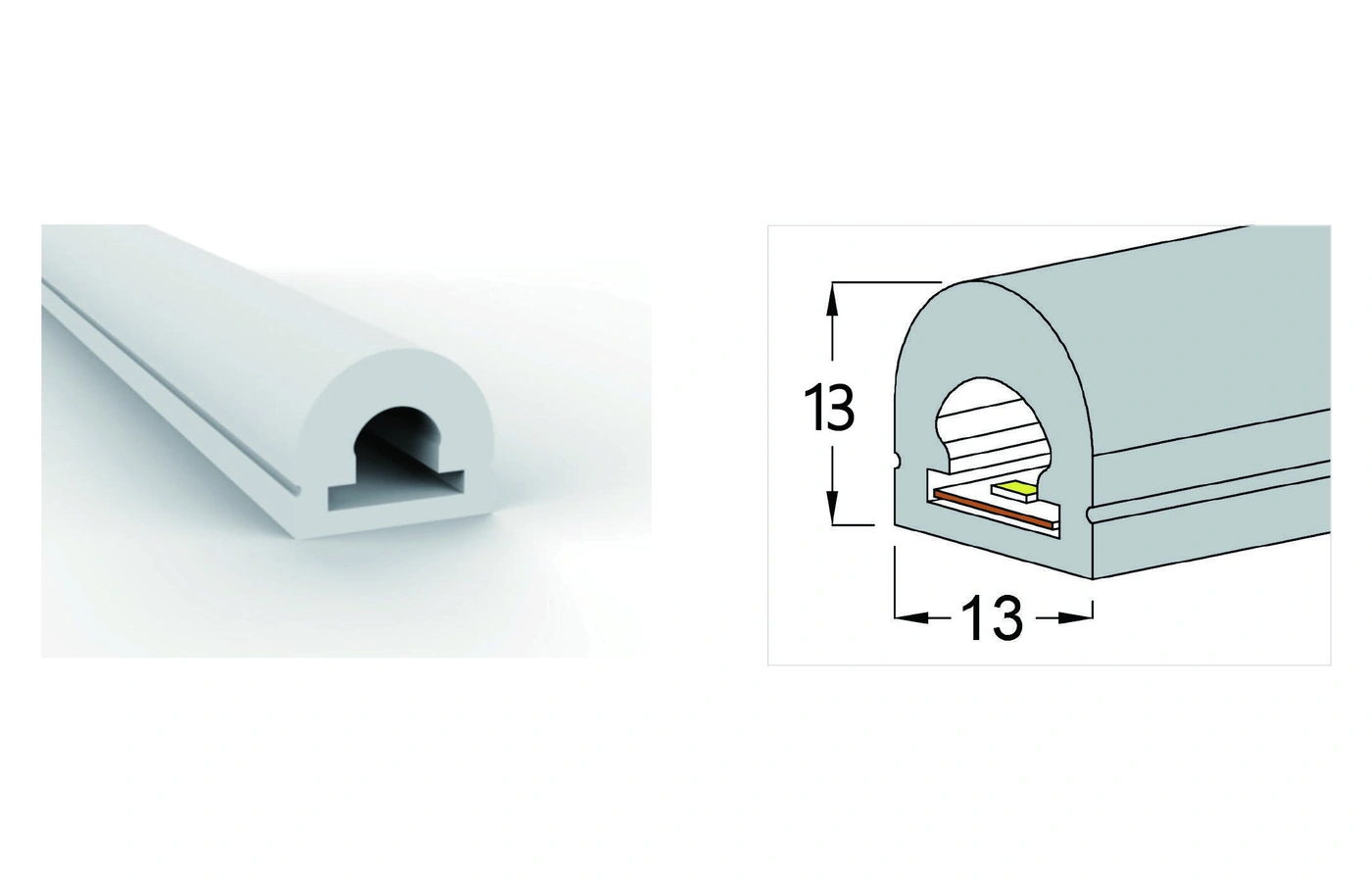 AlisterTech 13 x 13 mm silicone profile with original product view and dimensioned source illustration