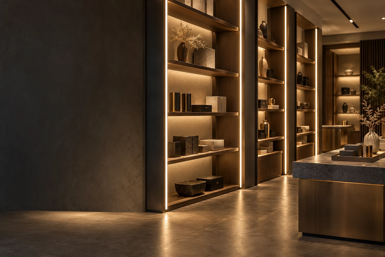 Retail side-facing linear lighting application concept, not an actual customer installation
