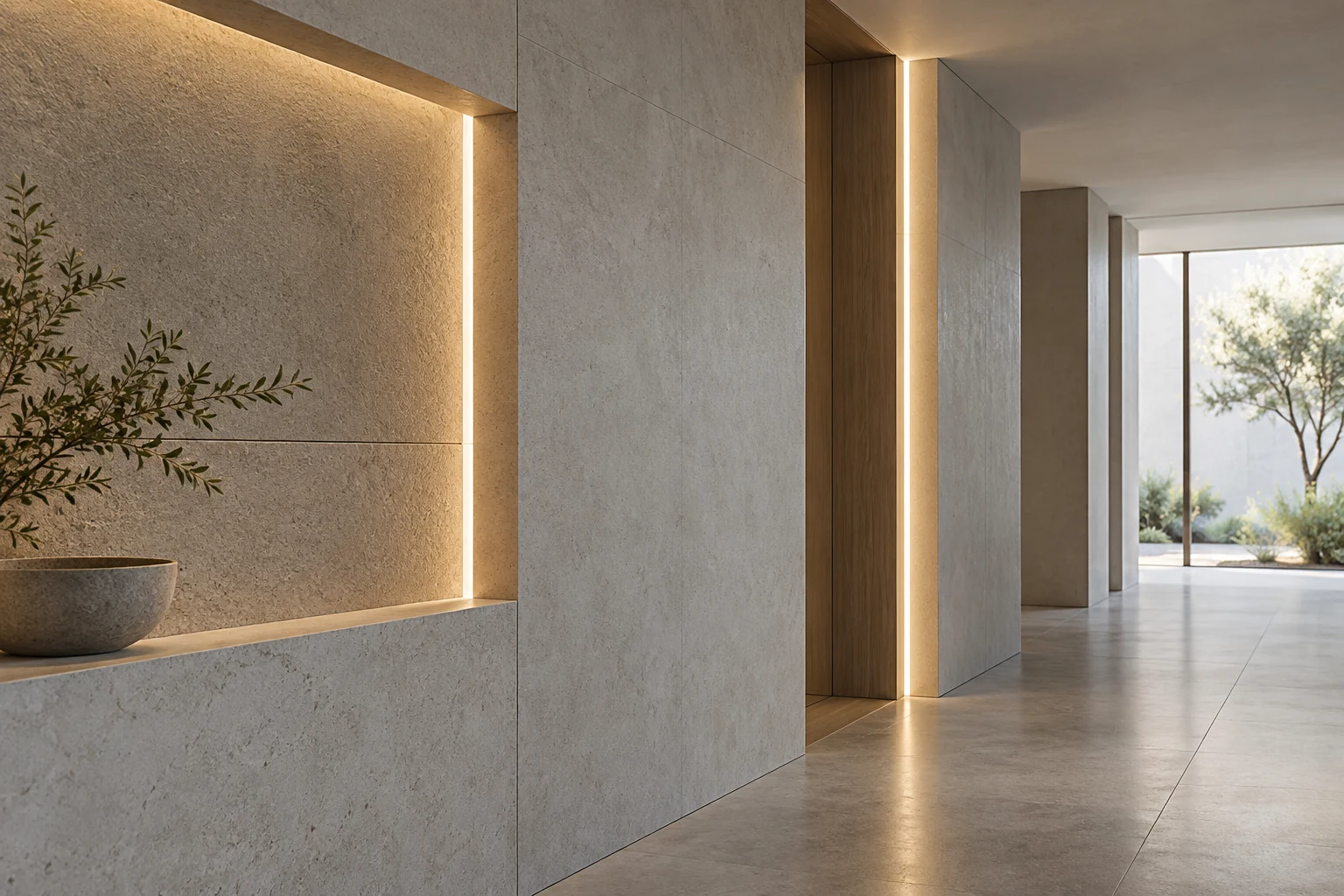 Recessed linear lighting beside an architectural doorway