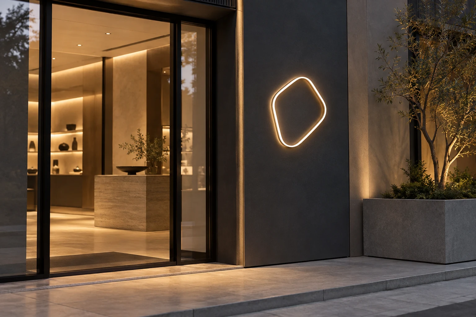 Illuminated geometric storefront signage concept