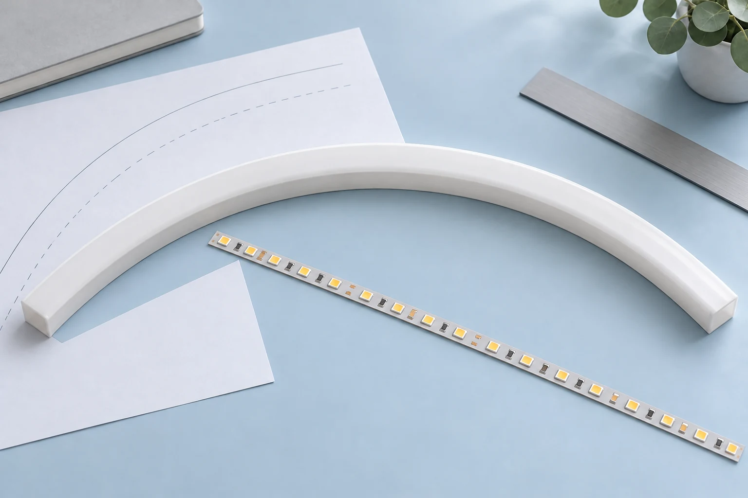 Straight LED strip and housing beside a routing sketch