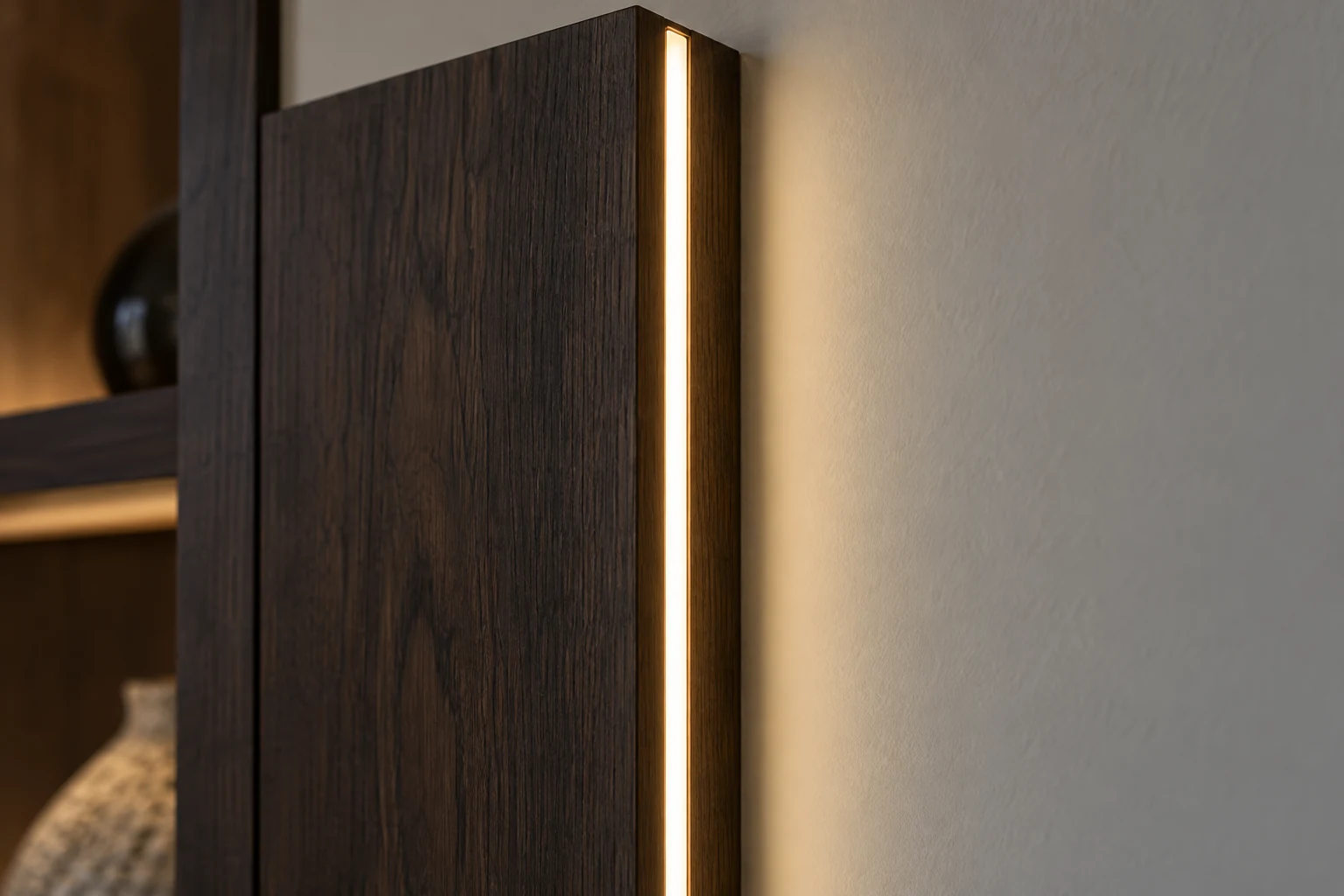 Concept of a side-facing light line along a timber display edge